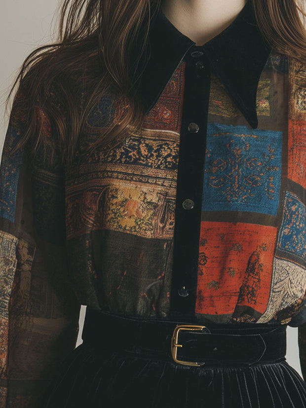 Retro Printed Velvet Patchwork Chiffon Balloon Sleeve Blouse