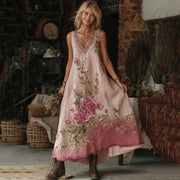 Vintage Classy Gradient Pink Roses Embroidered Linen Maxi Dress