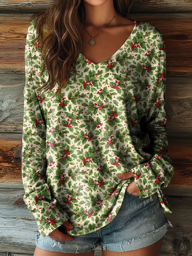 Ladies Vintage Green Holly Christmas Art Print Casual V-neck Long Sleeve T-shirt