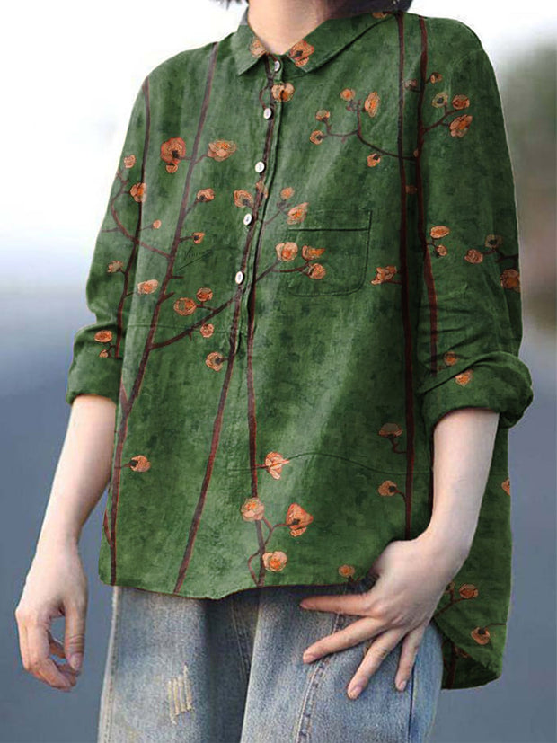 Women's Flower Print Casual Cotton And Linen Shirt