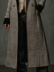 Vintage Plaid Wool-Blend Velvet Lapel Long Coat