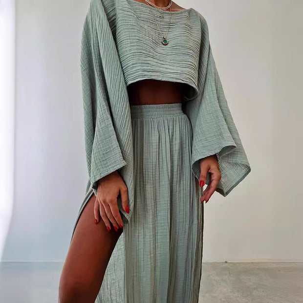 Vacation Cropped Top High Waist Chic Slit Linen Casual Two-Piece Set