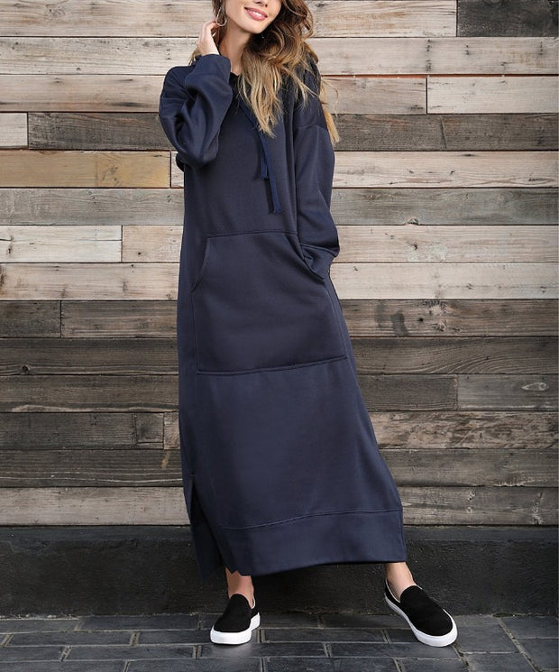 Autumn Winter New Loose Velvet Casual Fashion Big Pocket Knitted Hooded Maxi Dress