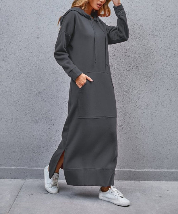 Autumn Winter New Loose Velvet Casual Fashion Big Pocket Knitted Hooded Maxi Dress