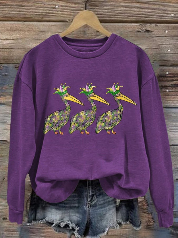 Mardi Gras Pelican Crown Purple  Long Sleeve Casual Top