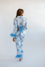 Blue Floral Print Satin Pajama Set