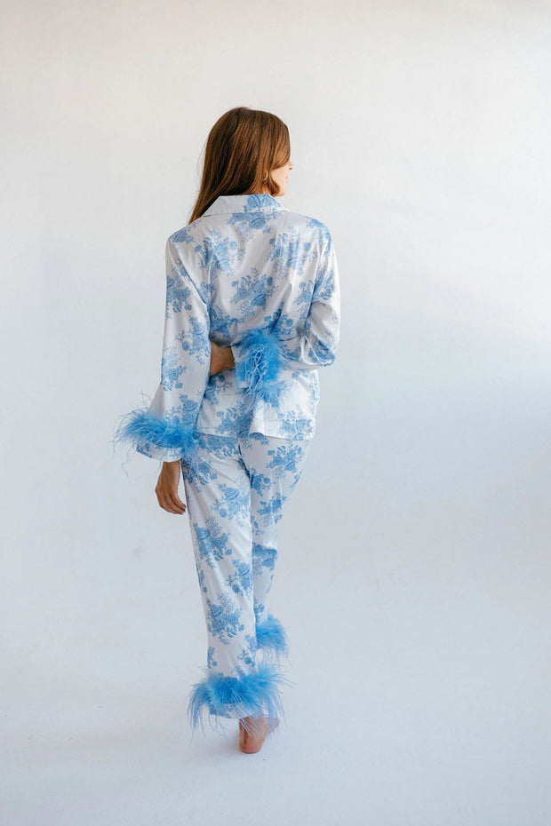 Blue Floral Print Satin Pajama Set