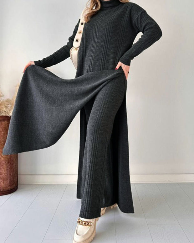 Chic extended length slit knitted two-piece set