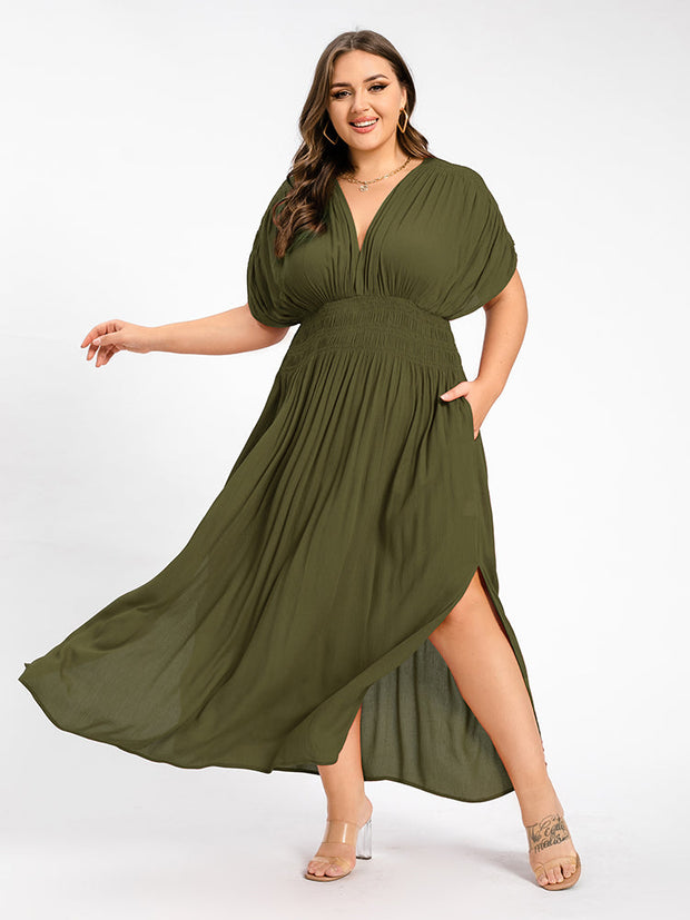 V-Neck Batwing Sleeve Pocket Ruched Waist Maxi Dress