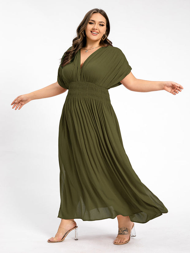 V-Neck Batwing Sleeve Pocket Ruched Waist Maxi Dress