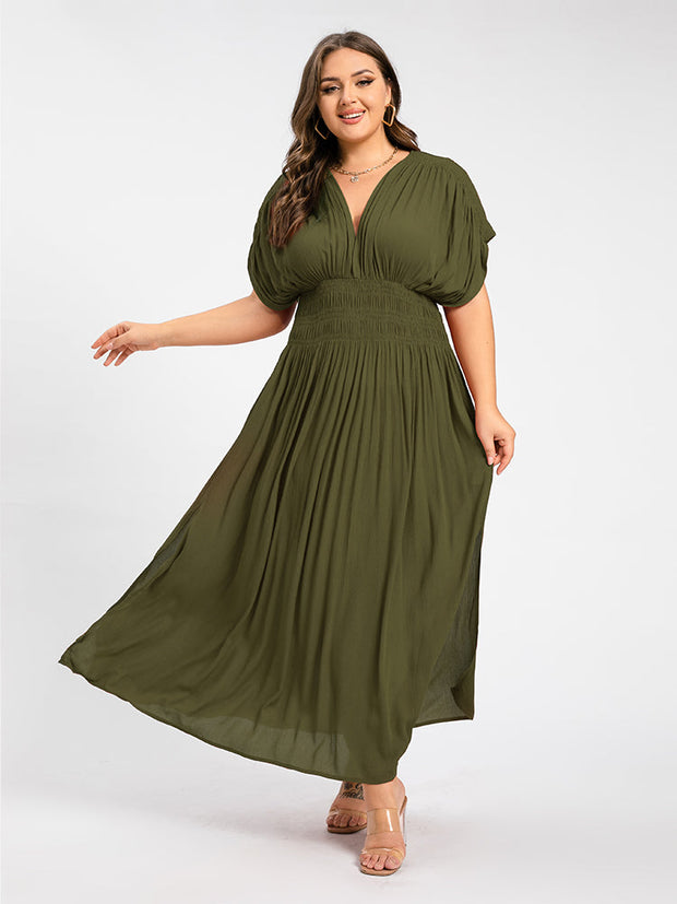 V-Neck Batwing Sleeve Pocket Ruched Waist Maxi Dress