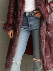 Vintage Burgundy Eco Leather Trench Coat  With Eco Fur Collar & Cuffs