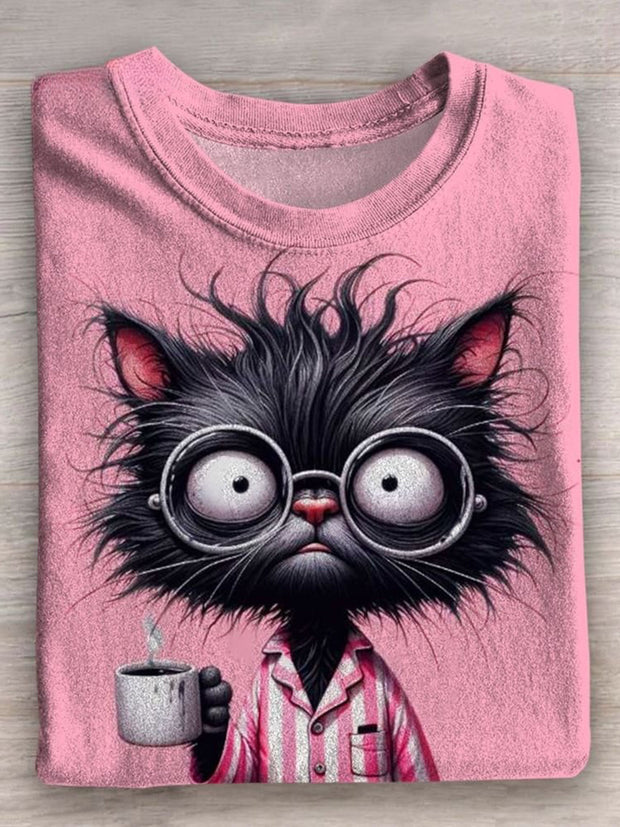 Black Cat Morning Mood Art Print Casaul Short Sleeve T-shirt