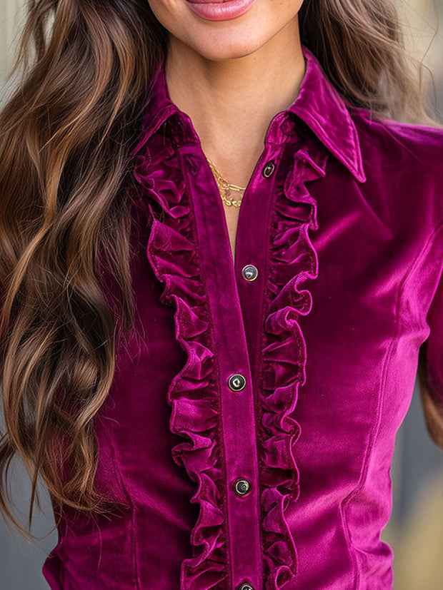 Vintage Hot Pink Velvet Ruffle Long Sleeve Button-Up Blouse