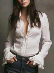 White Ruffled Lace Trim Blouse