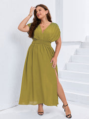 V-Neck Dolman Sleeve Ruched Split Pocket Maxi Dress