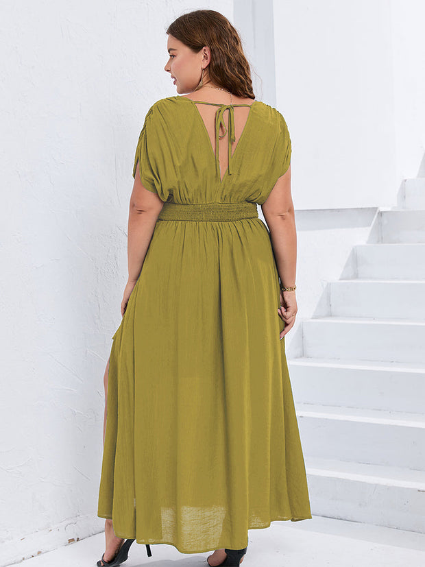 V-Neck Dolman Sleeve Ruched Split Pocket Maxi Dress