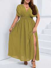 V-Neck Dolman Sleeve Ruched Split Pocket Maxi Dress