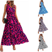 V-neck Elastic Waist Printed Casual Sleeveless Long Dresses