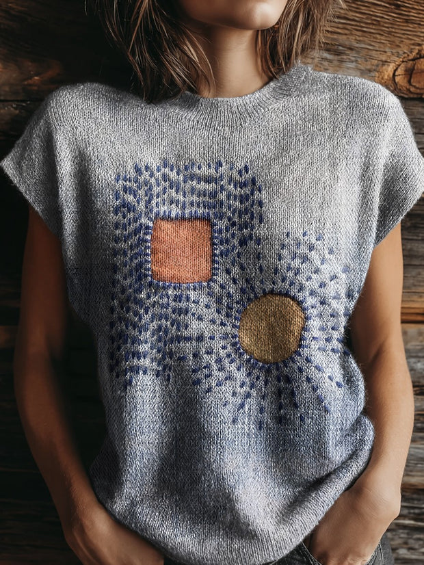Women's Geometric Line Embroidery Print Casual Crew Neck Short Sleeve Knitted Sweater