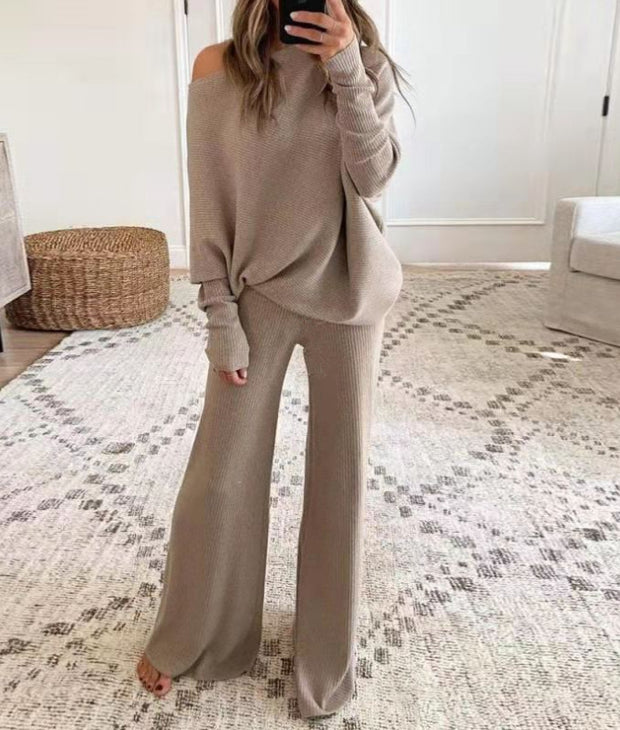 Casual Solid Color One-Shoulder Ladies Knit Set