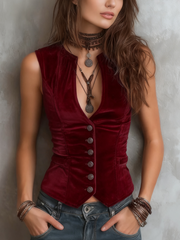 Vintage Round V-Neck Velvet Vest