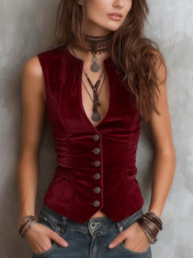 Vintage Round V-Neck Velvet Vest