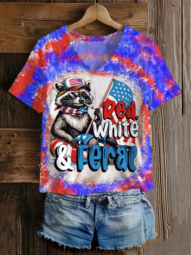 Red White And Feral Funny Raccoon  V-neck T-Shirt