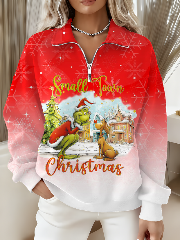 Women's Vintage Christmas Village Long Sleeve Zipper Sweatshirt