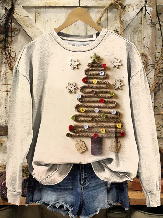 Women's Retro Christmas Tree Art Pattern Casual Crew Neck Long Sleeve Sweatshirt