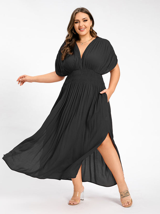 V-Neck Batwing Sleeve Pocket Ruched Waist Maxi Dress