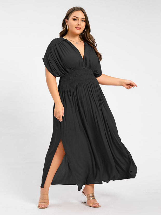 V-Neck Batwing Sleeve Pocket Ruched Waist Maxi Dress