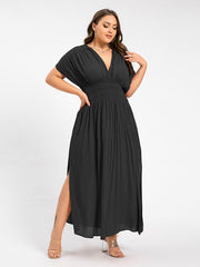 V-Neck Batwing Sleeve Pocket Ruched Waist Maxi Dress