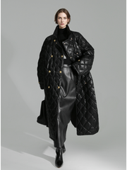 Quilted Lambskin Down Coat for Women – Elegant Mid-Length Slim Fit Jacket with Waist Design, White Duck Down Winter Outerwear