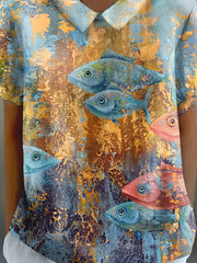 Women's Ocean Fish Oil Painting Print Casual Cotton And Linen Short Sleeves Shirt