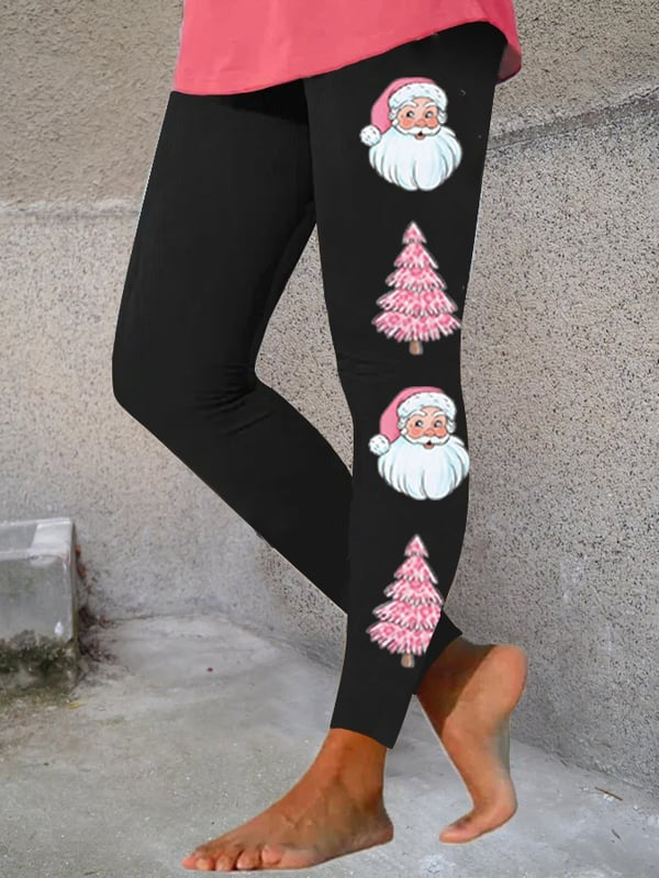 Women's Pink Santa Claus Christmas Tree Print  Leggings