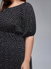 Plus Polka Dot Round Neck Puff Sleeve Midi Dress