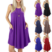 Women Solid Color Sleeveless Pocket Casual Large Hem Summer Dresses