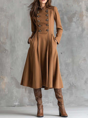 Vintage Camel Double-Breasted Midi Coat Dress