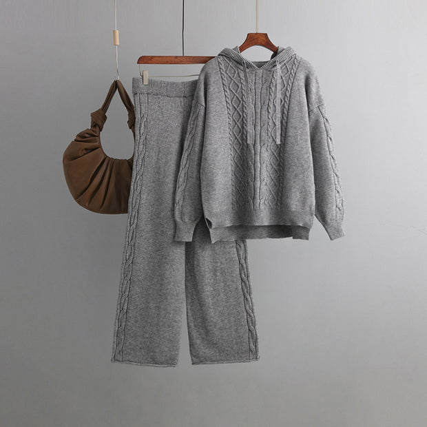 Drawstring hooded sweater + wide-leg trousers two-piece set