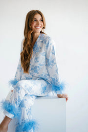 Blue Floral Print Satin Pajama Set