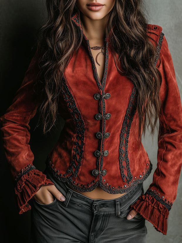 Vintage Rust Red Velvet Jacket With Lace Trim And Ruffled Cuffs