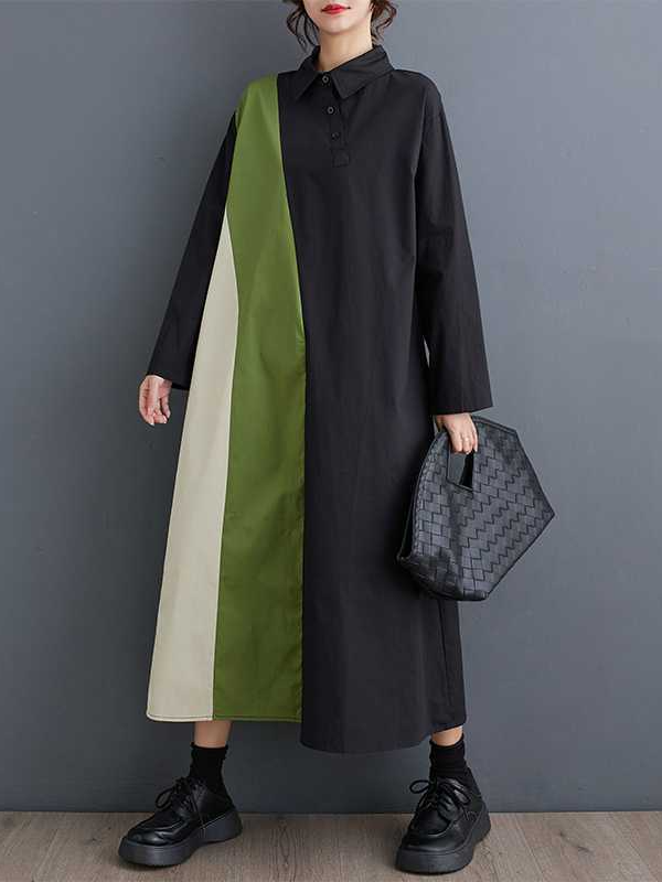 Loose Spliced Long Sleeve Shirt Dress