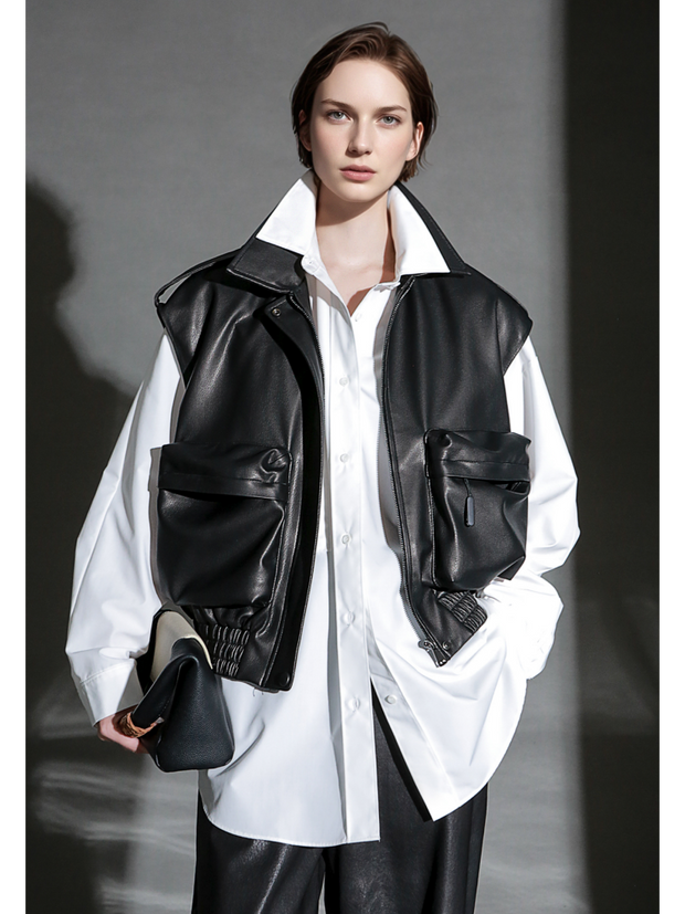 Women’s Short Sheepskin Leather Vest – Bubble Leather Design with Pockets, Notched Collar & Shoulder Strap Details