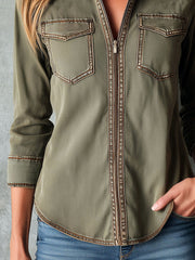 Vintage Army Green Utility Zip Shirt Jacket With Contrast Stitching