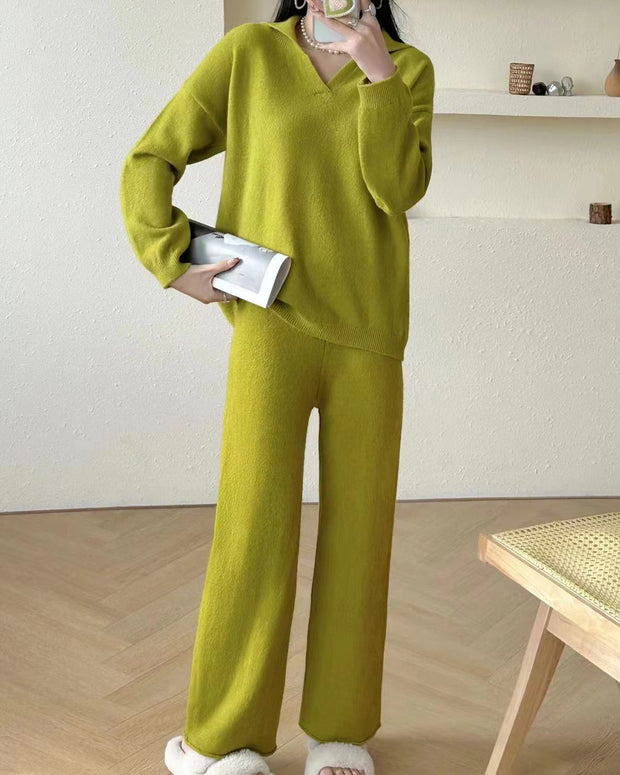 Casual Knitted Polo Collar Top and Wide Leg Pants Two-piece Set