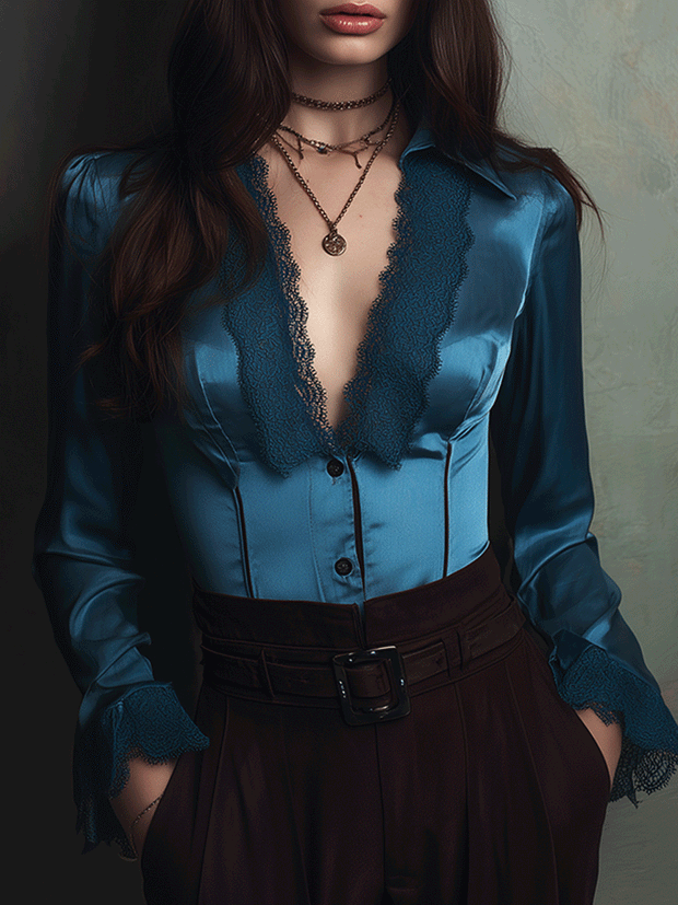 Vintage Lace Trim Waist Satin Shirt