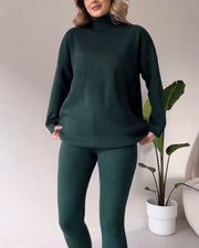 Chic turtleneck top and slim trousers two-piece set