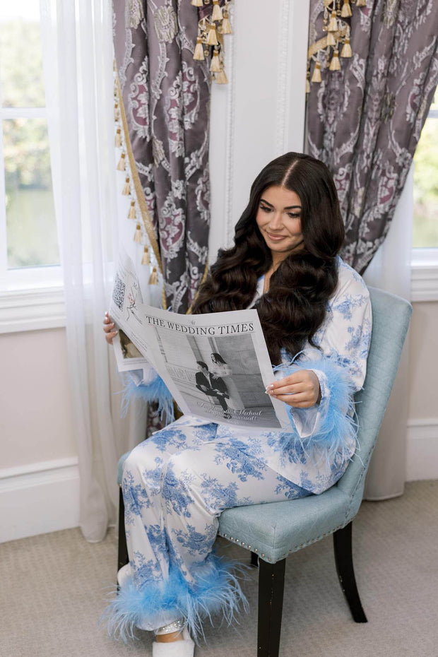 Blue Floral Print Satin Pajama Set