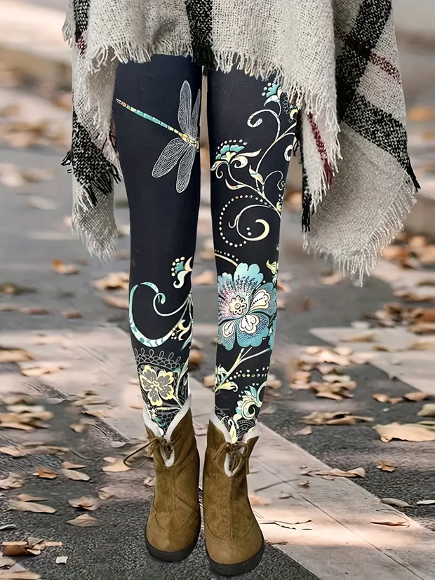 Stylish Dragonfly & Flower Print Skinny Leggings